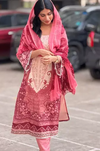 Women's pink and maroon printed lawn suit with chiffon dupatta