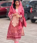 Women's pink and maroon printed lawn suit with chiffon dupatta