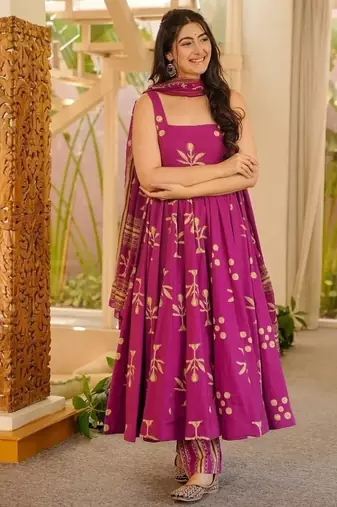rani pink digital print anarkali suit set with dupatta
