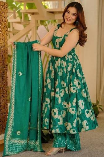 green digital print anarkali suit set with dupatta
