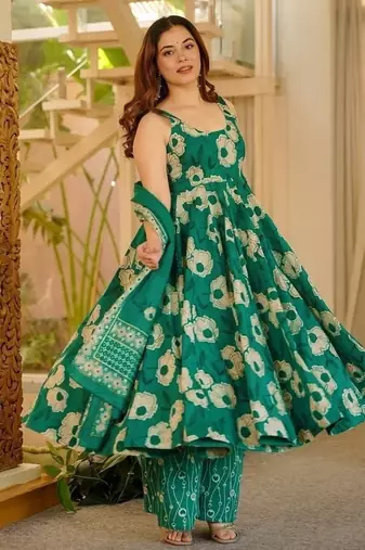 green digital print anarkali suit set with dupatta