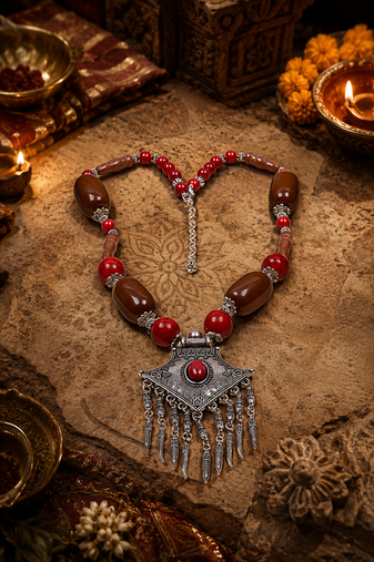 Rustic harmony beaded necklace with german silver pendant