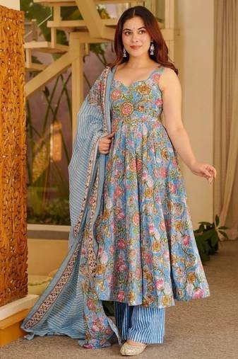 sky blue digital print anarkali suit set with dupatta
