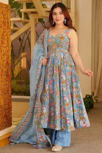 sky blue digital print anarkali suit set with dupatta