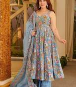 sky blue digital print anarkali suit set with dupatta