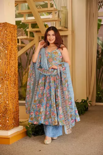 sky blue digital print anarkali suit set with dupatta