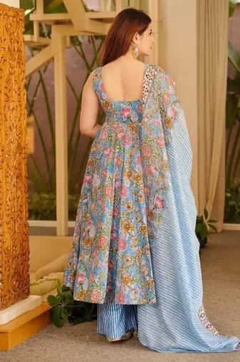 sky blue digital print anarkali suit set with dupatta