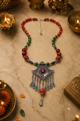 Heritage mix beads necklace with ornamental german silver charm 1