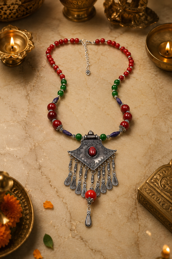 Heritage mix beads necklace with ornamental german silver charm