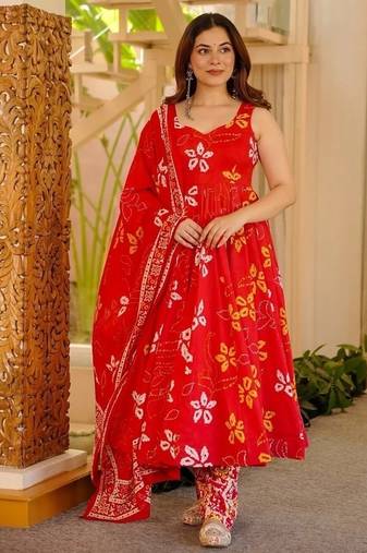red digital print anarkali suit set with dupatta