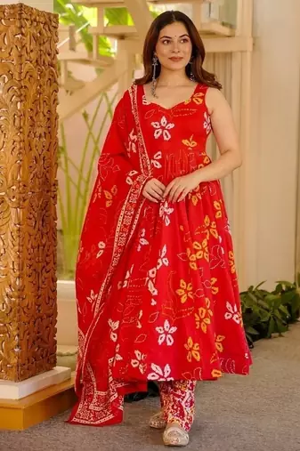 red digital print anarkali suit set with dupatta