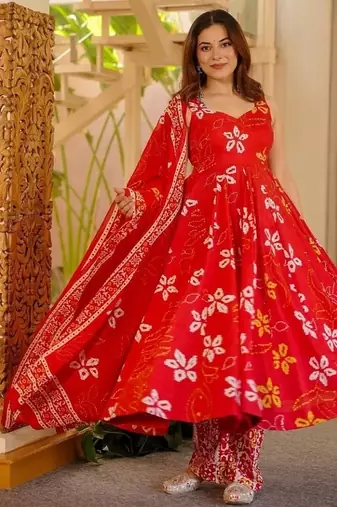 red digital print anarkali suit set with dupatta