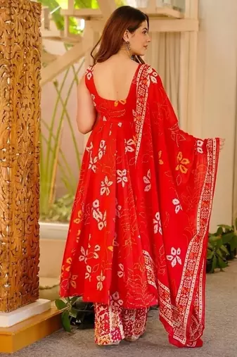 red digital print anarkali suit set with dupatta