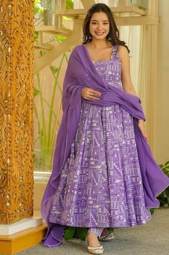 lavender digital print anarkali suit set with dupatta