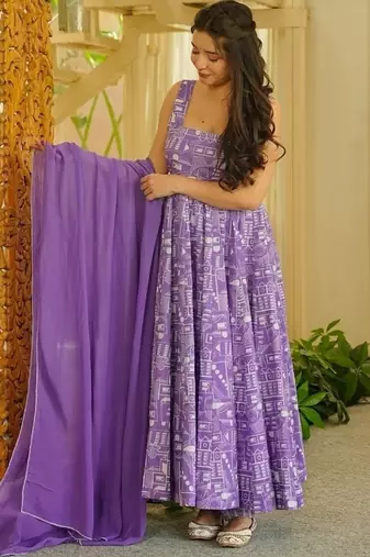 lavender digital print anarkali suit set with dupatta