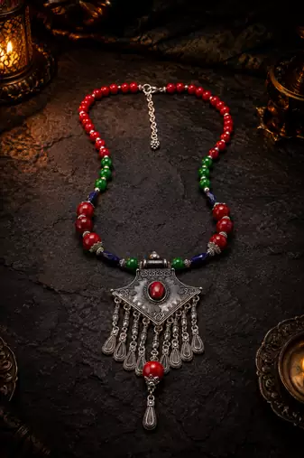 Heritage mix beads necklace with ornamental german silver charm