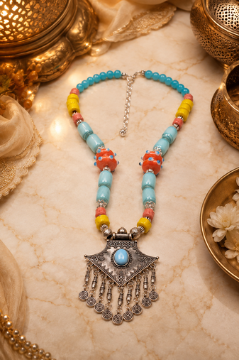 Boho tribal assorted beads necklace with german silver pendant