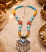 Boho tribal assorted beads necklace with german silver pendant