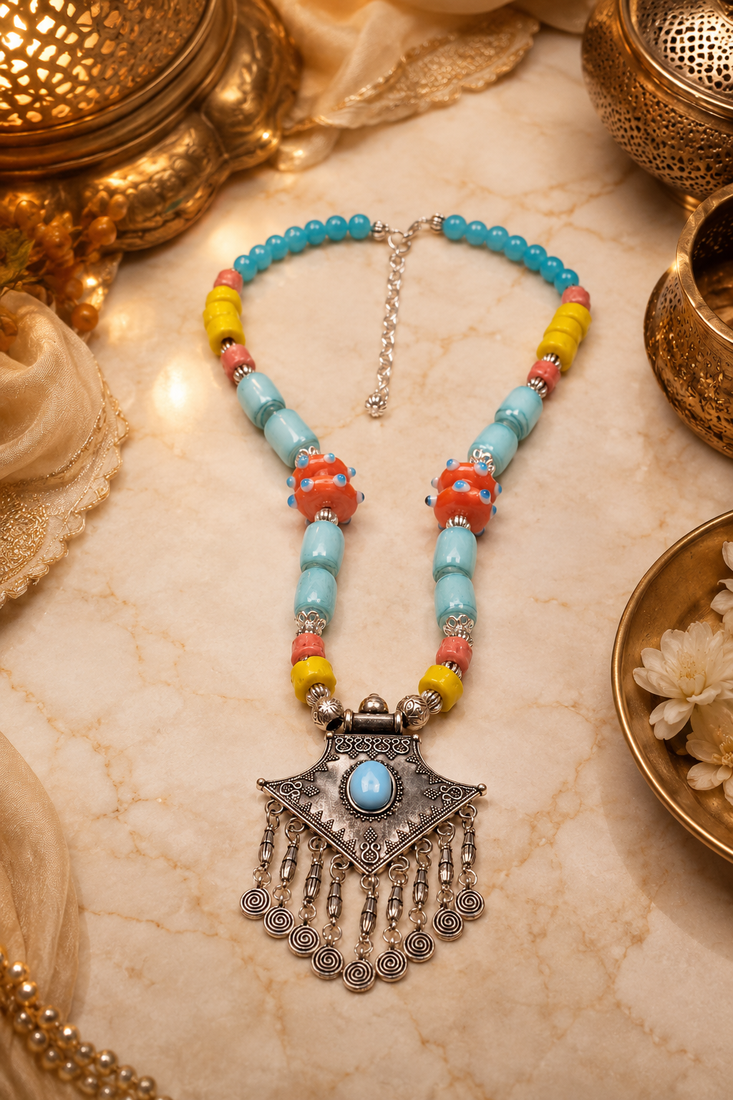 Boho tribal assorted beads necklace with german silver pendant