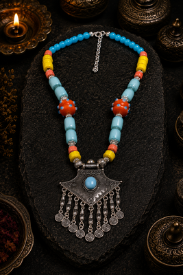 Boho tribal assorted beads necklace with german silver pendant 2