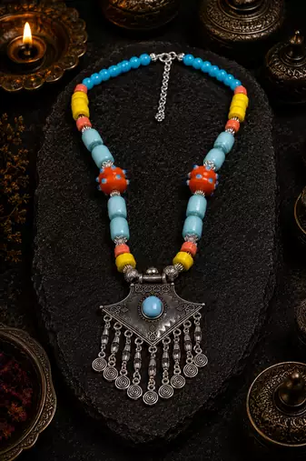 Boho tribal assorted beads necklace with german silver pendant