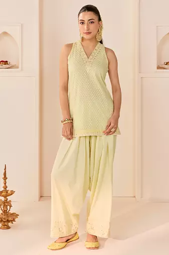 Mint green embroidered chanderi silk kurta set