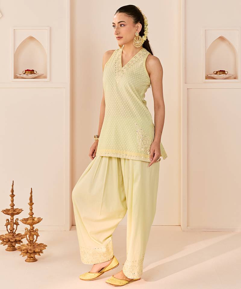 Mint green embroidered chanderi silk kurta set