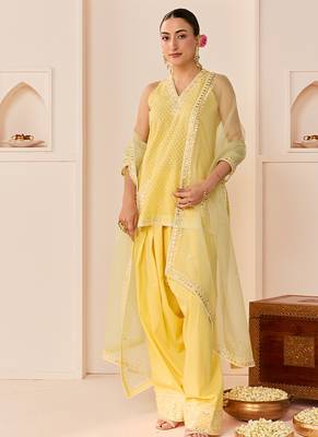 Lemon yellow embroidered chanderi silk kurta set 1