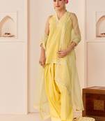 Lemon yellow embroidered chanderi silk kurta set
