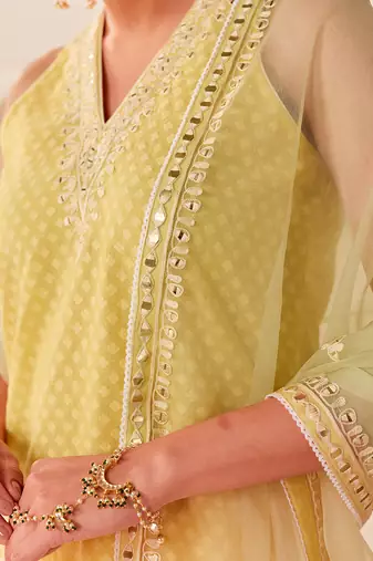 Lemon yellow embroidered chanderi silk kurta set