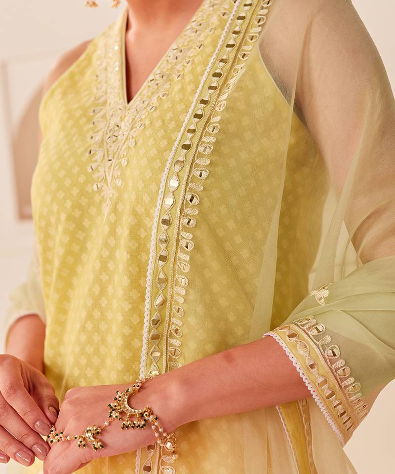 Lemon yellow embroidered chanderi silk kurta set