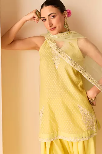 Lemon yellow embroidered chanderi silk kurta set