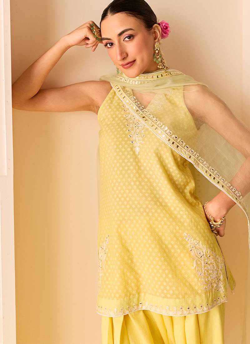 Lemon yellow embroidered chanderi silk kurta set