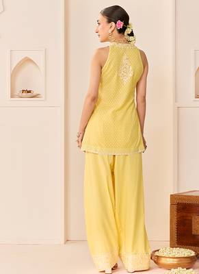 Lemon yellow embroidered chanderi silk kurta set 4
