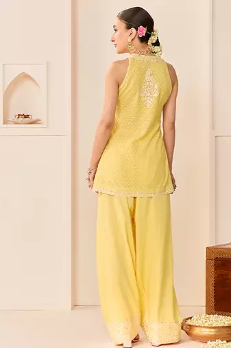 Lemon yellow embroidered chanderi silk kurta set