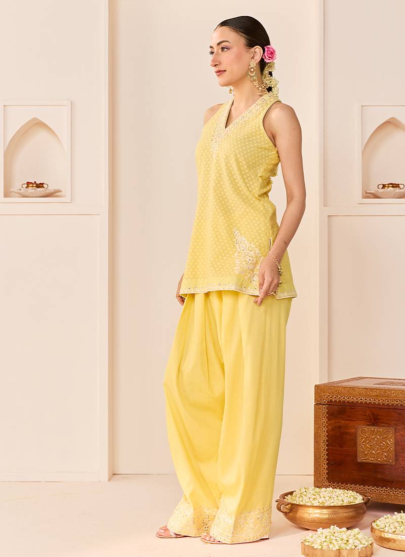 Lemon yellow embroidered chanderi silk kurta set