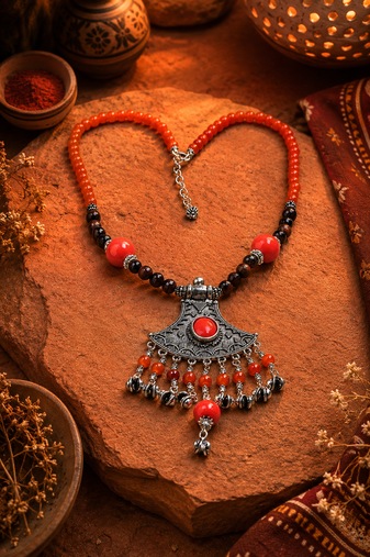 Ethnic treasure multi-bead necklace with german silver pendant