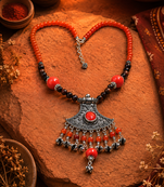 Ethnic treasure multi-bead necklace with german silver pendant