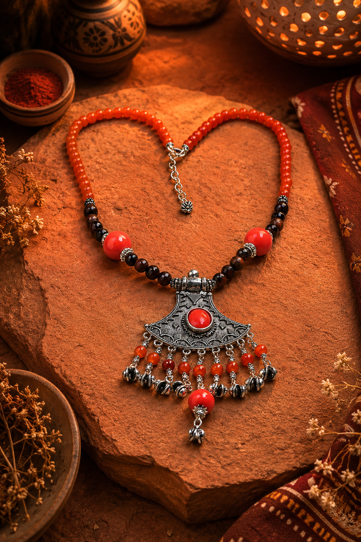Ethnic treasure multi-bead necklace with german silver pendant