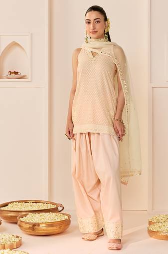 Carnation pink embroidered chanderi silk kurta set