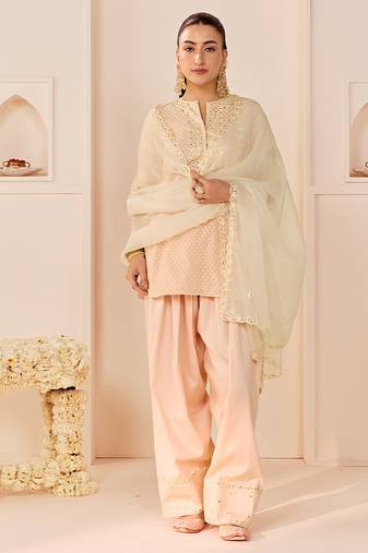 Carnation pink embroidered chanderi silk kurta set