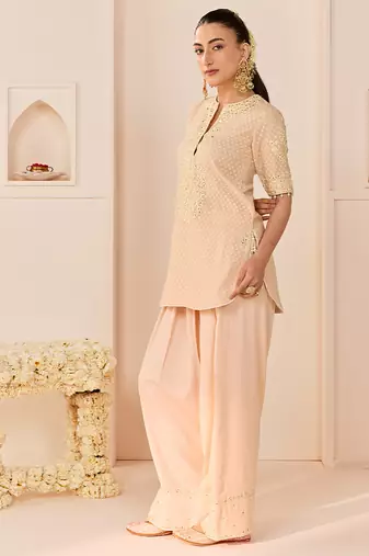 Carnation pink embroidered chanderi silk kurta set