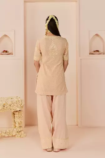 Carnation pink embroidered chanderi silk kurta set
