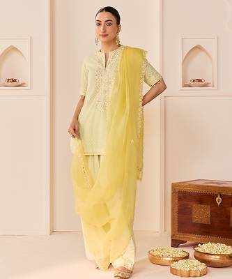 Mint green embroidered chanderi silk kurta set 1