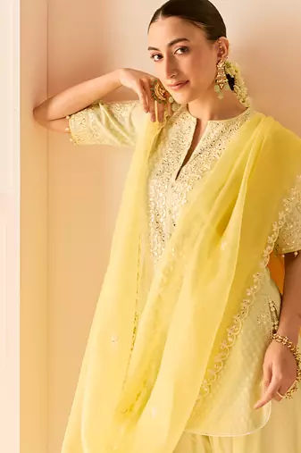 Mint green embroidered chanderi silk kurta set