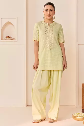 Mint green embroidered chanderi silk kurta set
