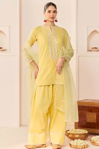 Lemon yellow embroidered chanderi silk kurta set