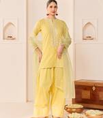 Lemon yellow embroidered chanderi silk kurta set