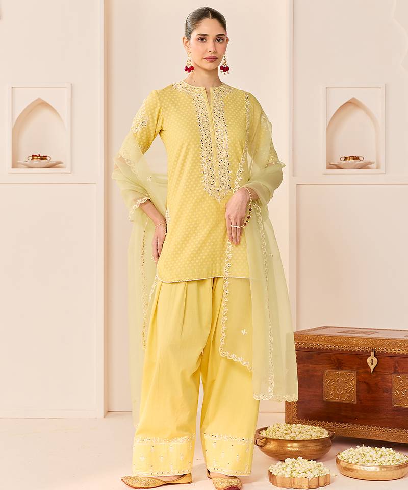 Lemon yellow embroidered chanderi silk kurta set