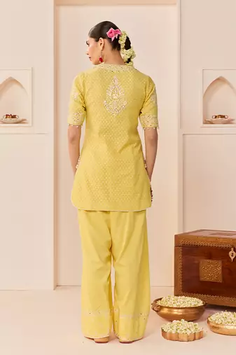 Lemon yellow embroidered chanderi silk kurta set